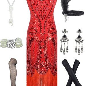 Women's 1920s Sequin Flapper Gatsby Cocktail Dress Set Satin Accessories